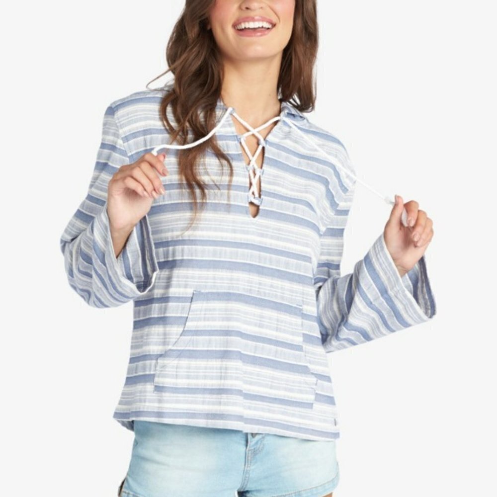 Roxy Paradise Calling Poncho Hoodie Blue Stripe Size Medium NWT